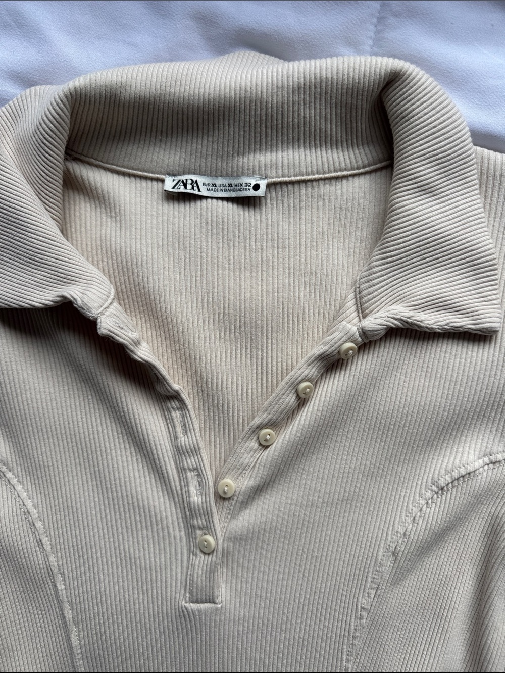 Zara Cream Ribbed Long-Sleeve Polo Dress